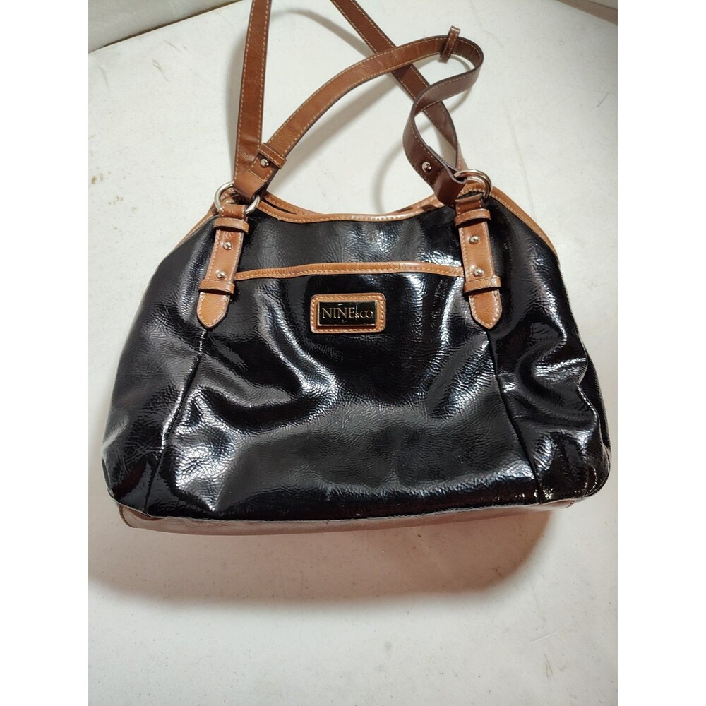 Nine & Co Black Faux Leather Shoulder Bag, 2 Straps, Zipper Closure (805)